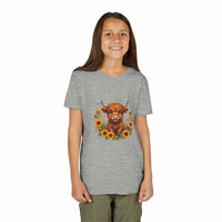 Youth tee featuring a Highland cow surrounded by bright sunflowers with a countryside theme.