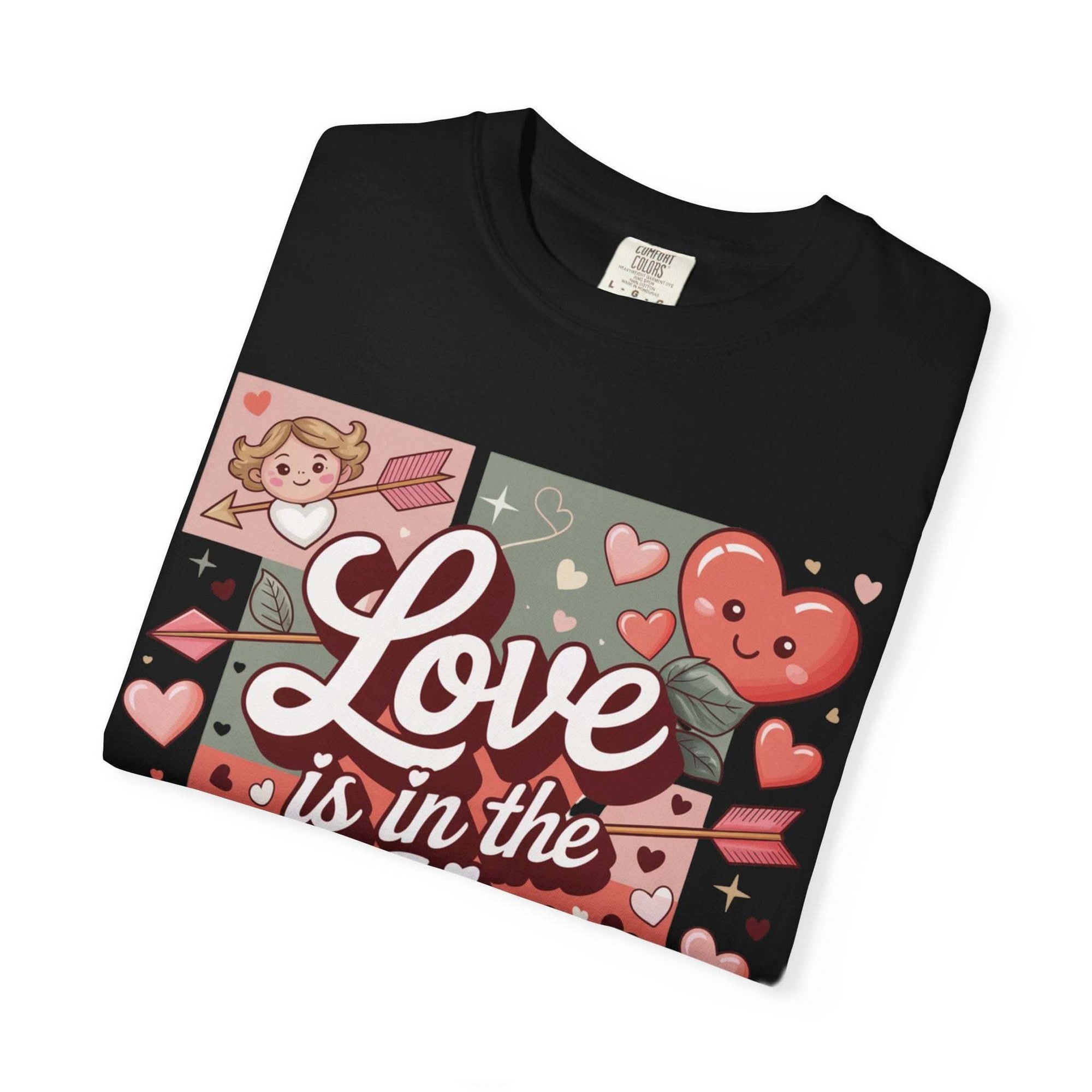 Valentine's t-shirt with Love Is in the Air heart collage and vintage washed look