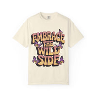 Garment-dyed black t-shirt featuring 'Embrace the Wild Side' print, unisex style, by Printify
