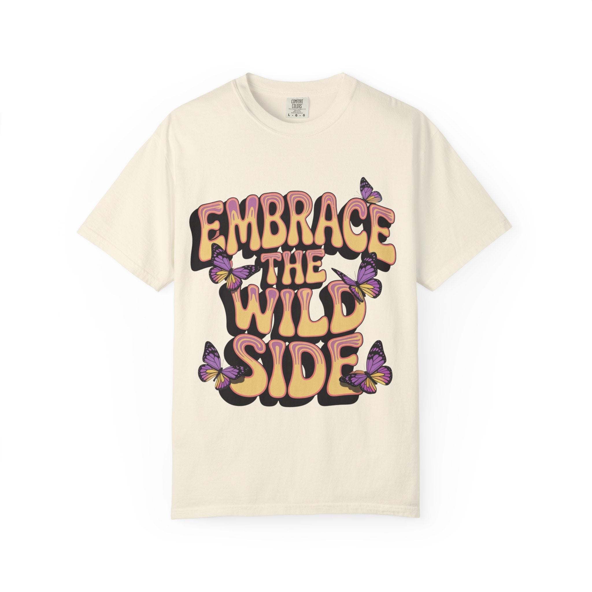 Garment-dyed black t-shirt featuring 'Embrace the Wild Side' print, unisex style, by Printify