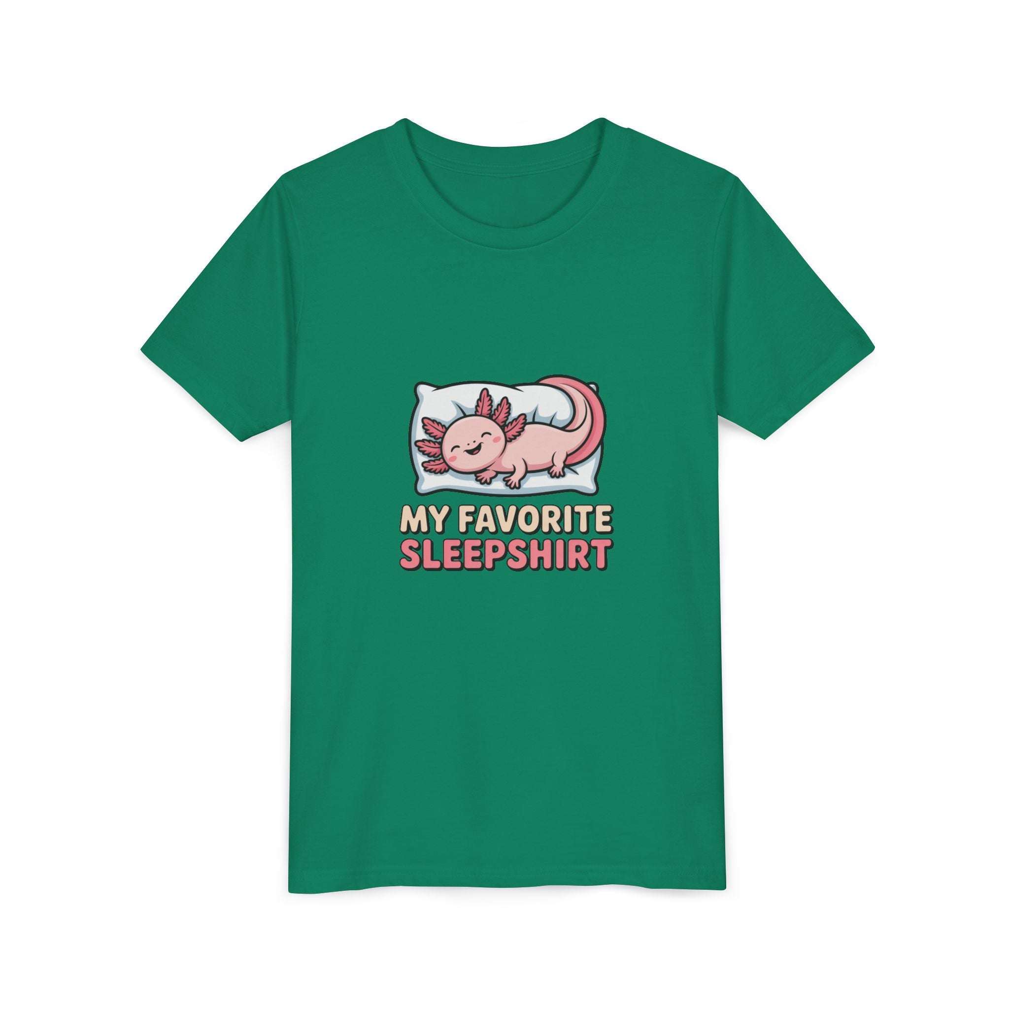 Green t-shirt with a cartoon axolotl on a white background