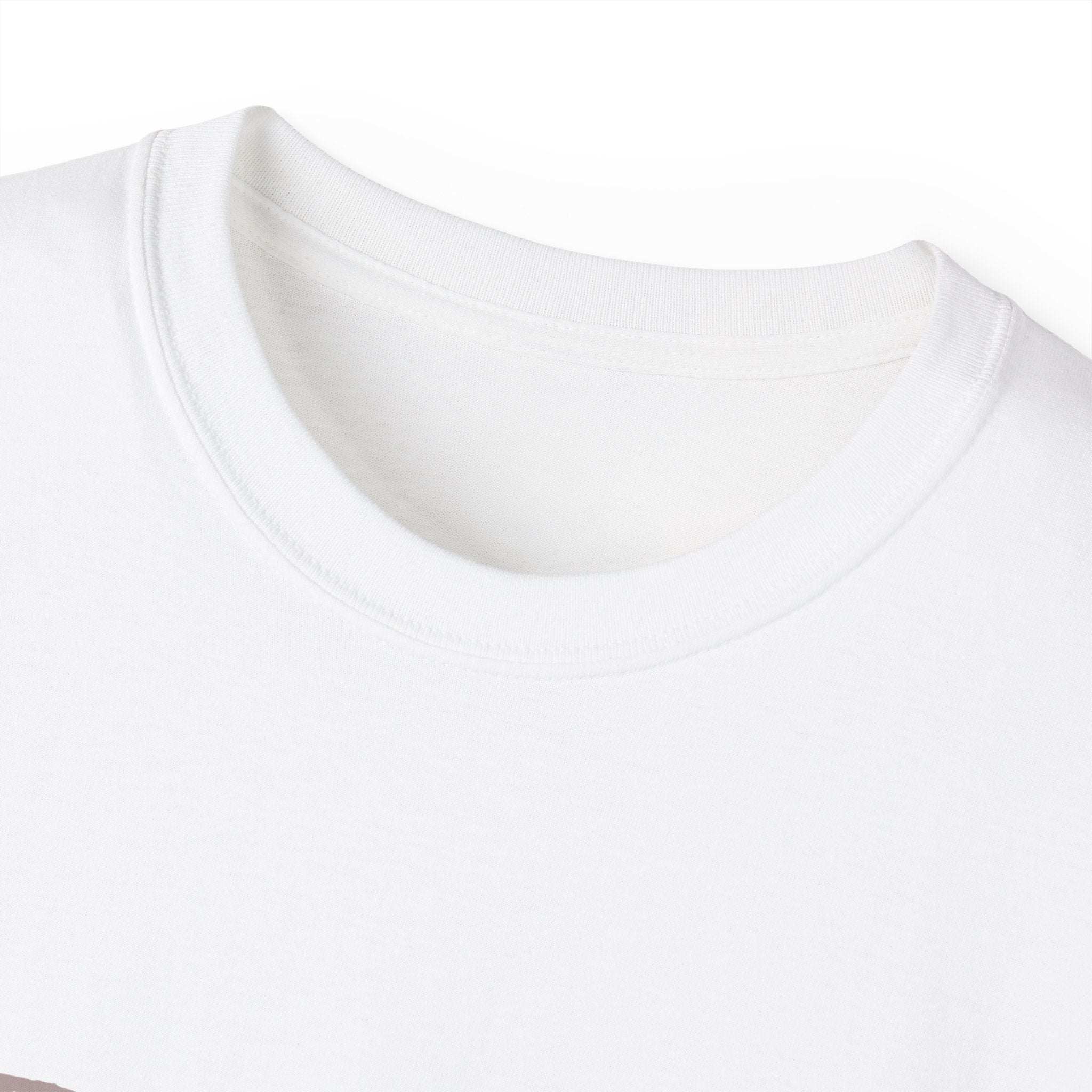 Close-up of white distressed Sparkle Queen T-Shirt collar for fashionistas