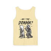 Yellow tank top with "Am I The Drama?" text and raccoon looking in mirror graphic