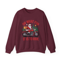 Black crewneck sweatshirt featuring a Santa motorcycle graphic by Printify, perfect for cozy winter wear.
