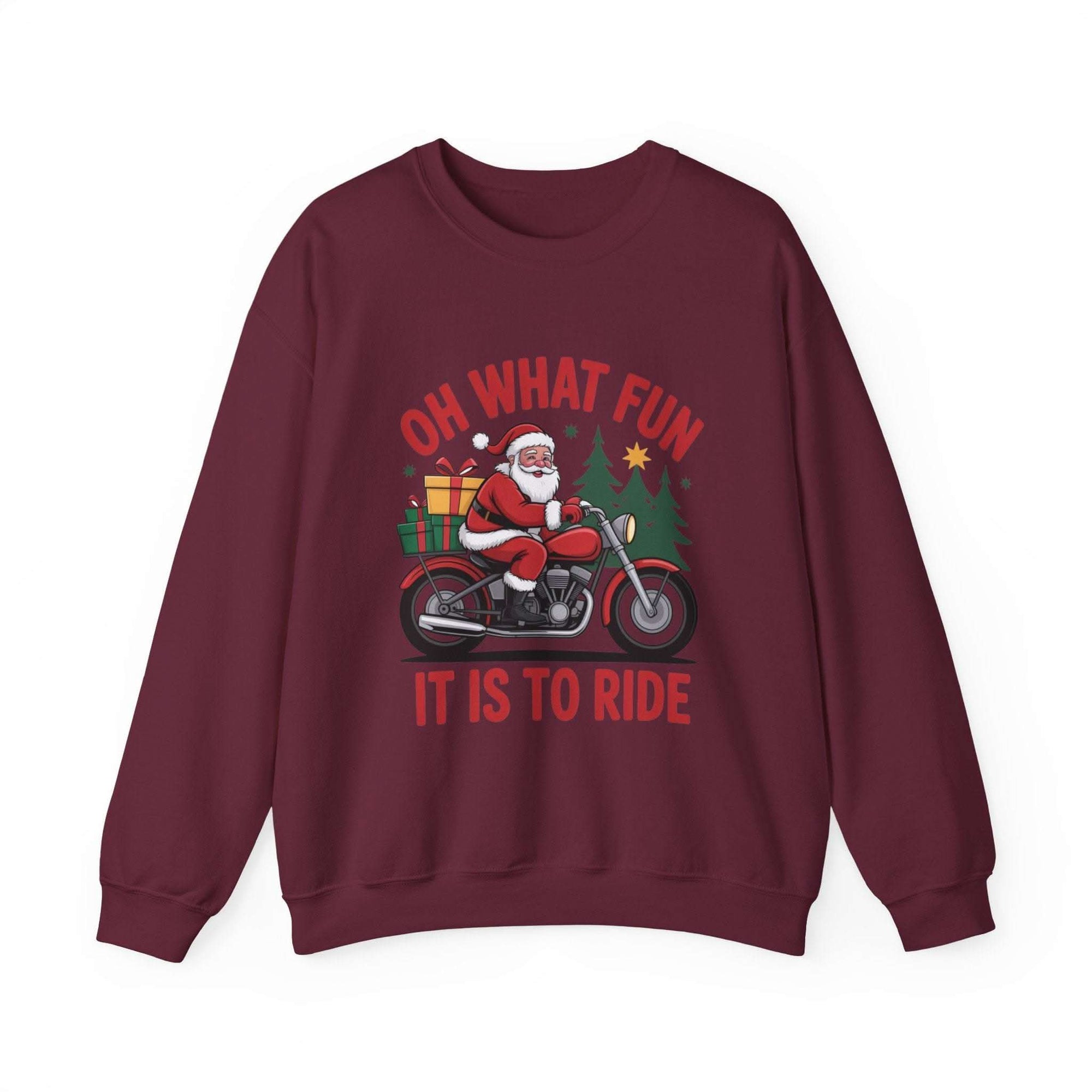 Black crewneck sweatshirt featuring a Santa motorcycle graphic by Printify, perfect for cozy winter wear.