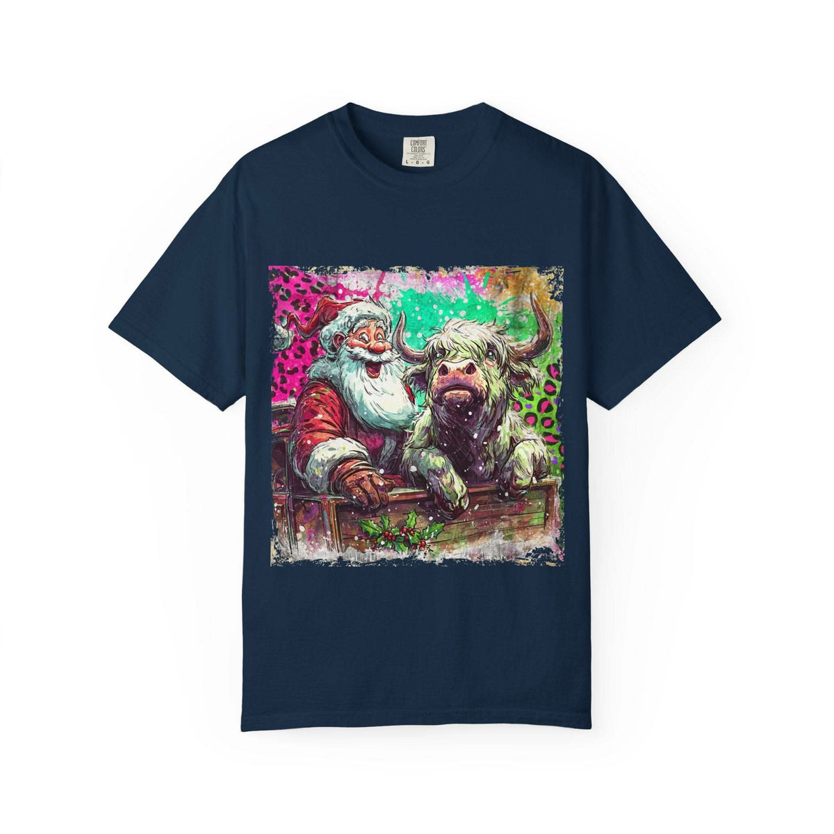 Navy Retro Santa and Highland Cow T-shirt with festive graphic design