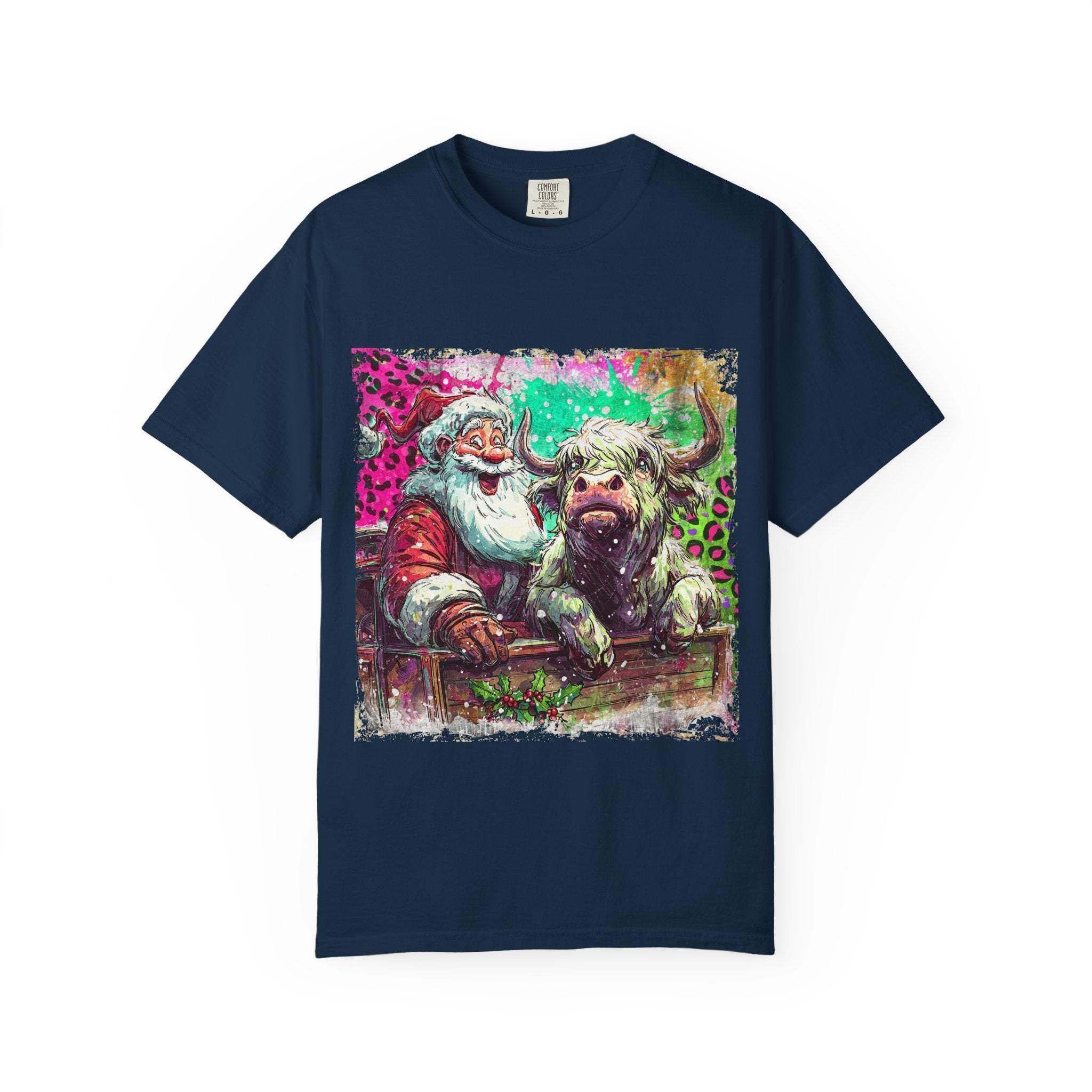 Navy Retro Santa and Highland Cow T-shirt with festive graphic design