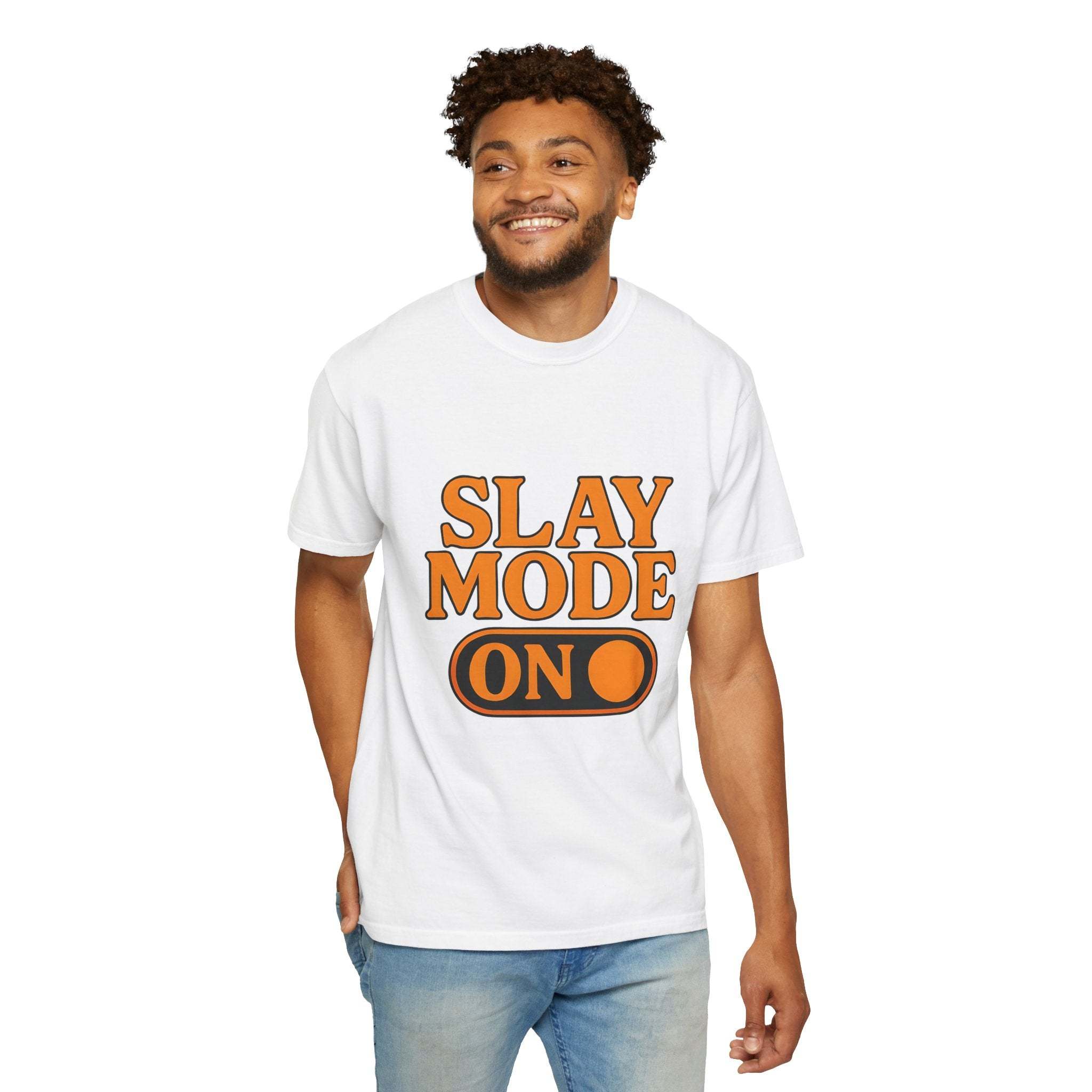 Garment-dyed tee white Slay Mode On graphic casual cotton shirt for men