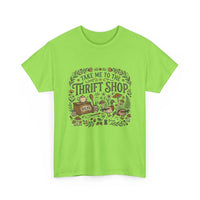 Vintage thrift shop t-shirt with botanicals, mushrooms, and flea market treasures illustration