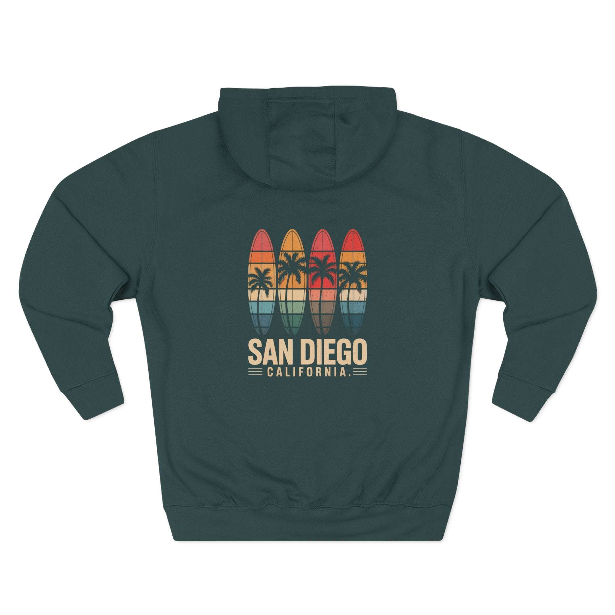 Retro San Diego surfboards fleece hoodie with kangaroo pocket and adjustable hood