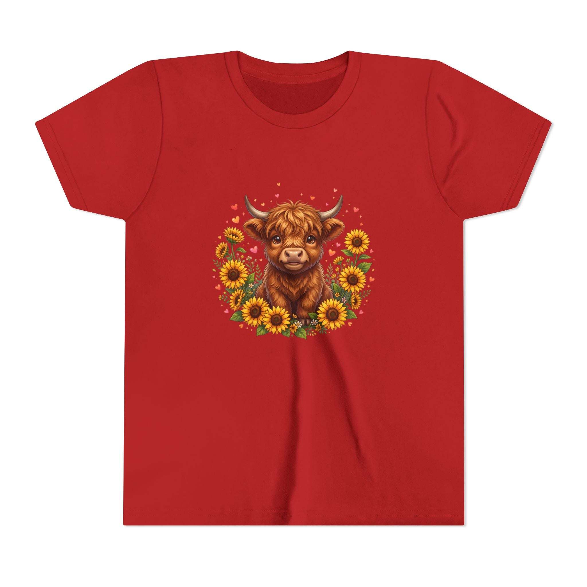 Highland Cow with Sunflowers Youth Tee | Cute Calf Floral Kids Shirt