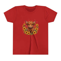 Youth tee featuring Highland Cow with Sunflowers design on soft cotton fabric