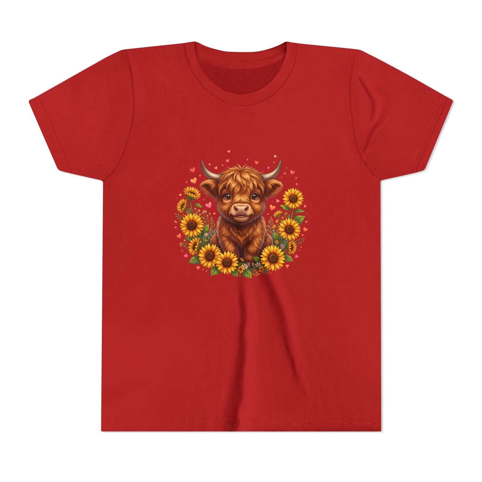 Youth tee featuring Highland Cow with Sunflowers design on soft cotton fabric