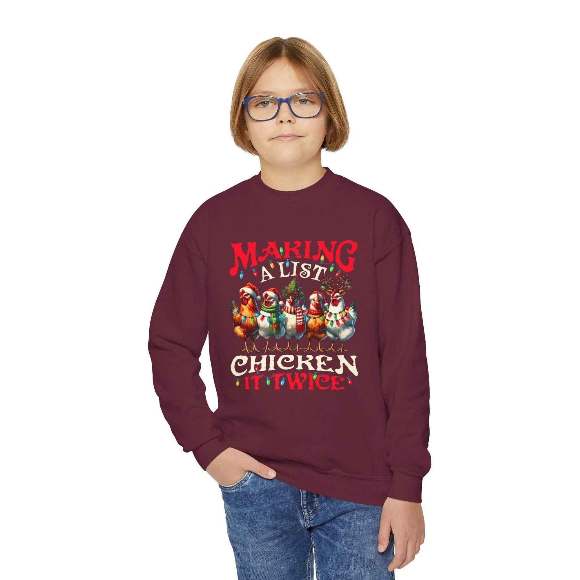 Navy youth crewneck sweatshirt featuring 'Making a List Chicken it Twice' graphic by Printify