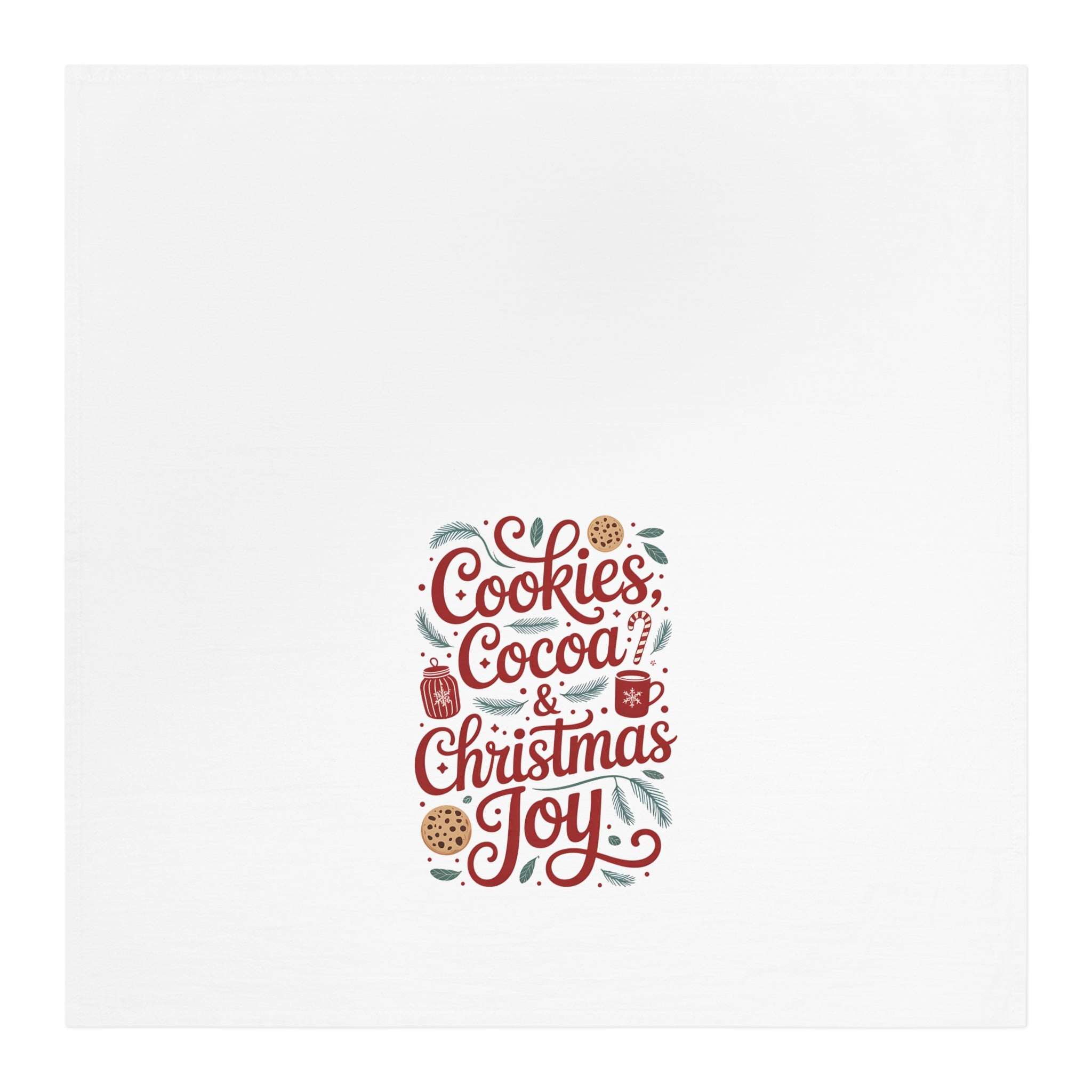 Festive 100% cotton tea towel with Cookies, Cocoa, and Christmas Joy design, absorbent and fast-drying for holiday kitchens