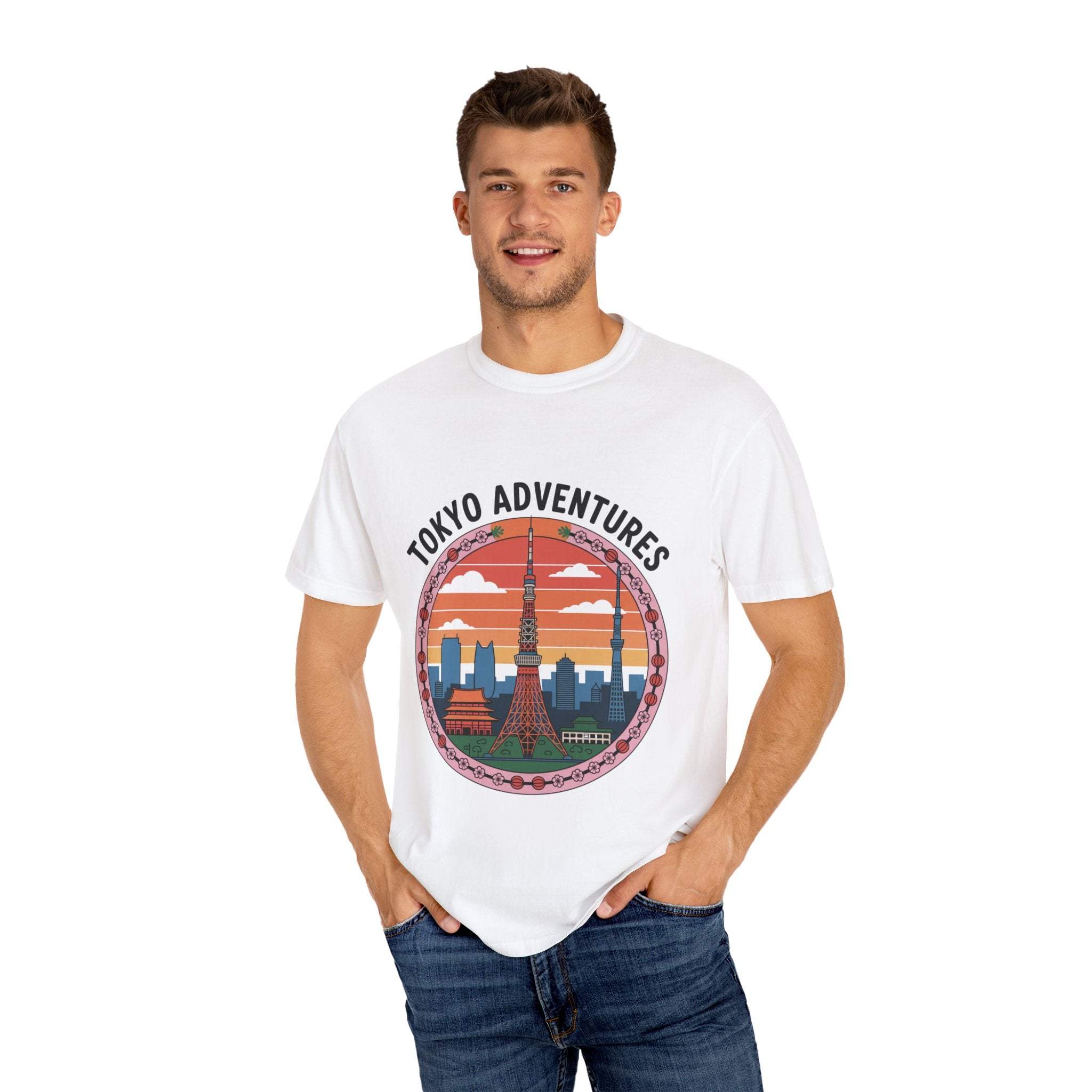 Man wearing white garment-dyed T-shirt with Tokyo Adventures travel graphic and cityscape design