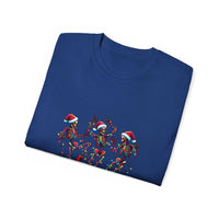 White Christmas Dancing Skeletons t-shirt by Printify, festive design perfect for holiday celebrations