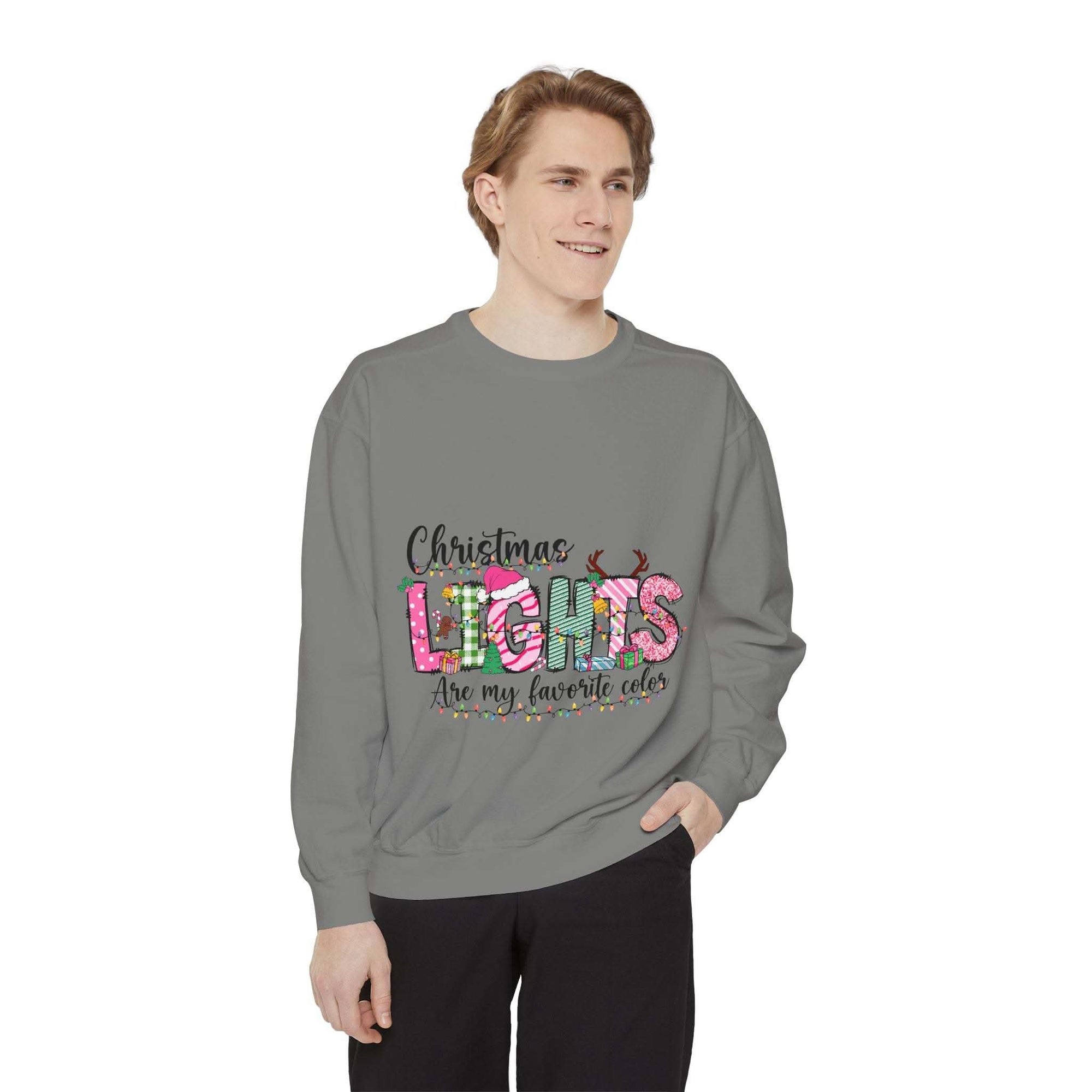 White garment-dyed sweatshirt featuring festive Christmas lights design by Printify