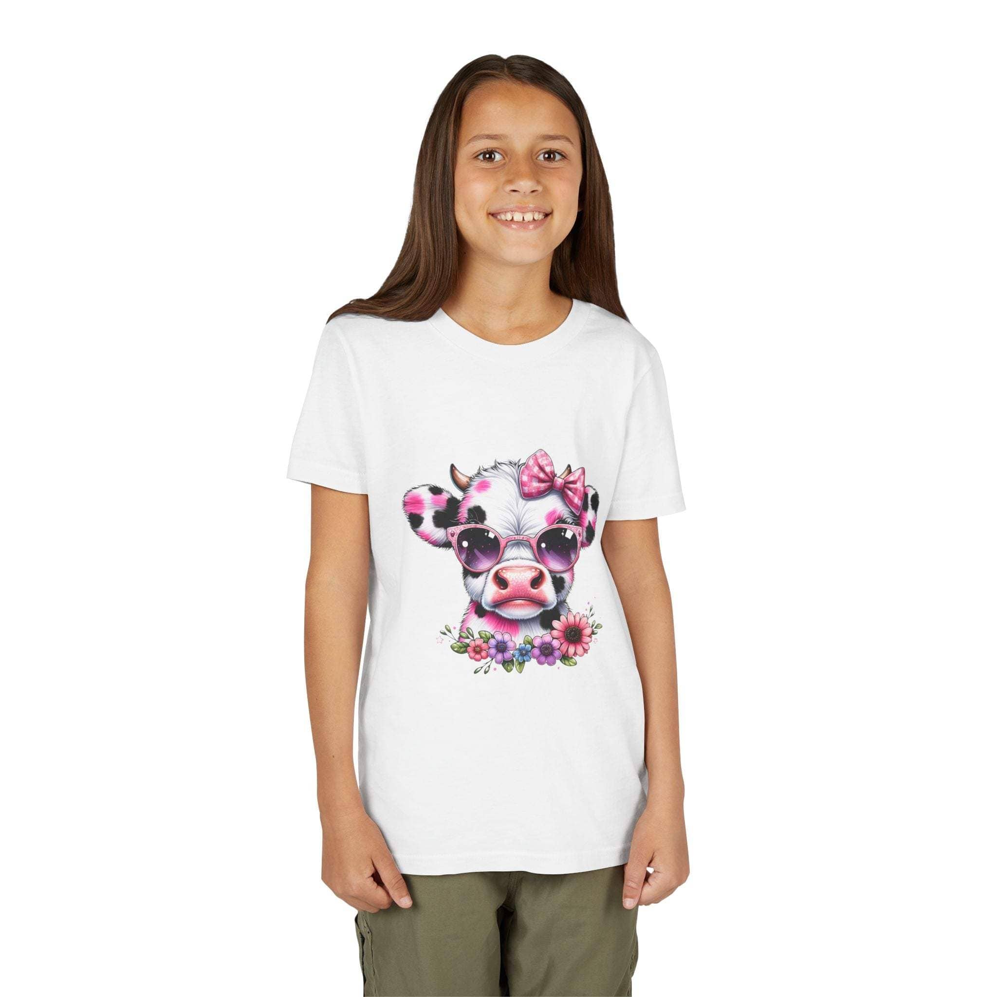Girl wearing a white t-shirt with a cow design featuring flowers and a bow.