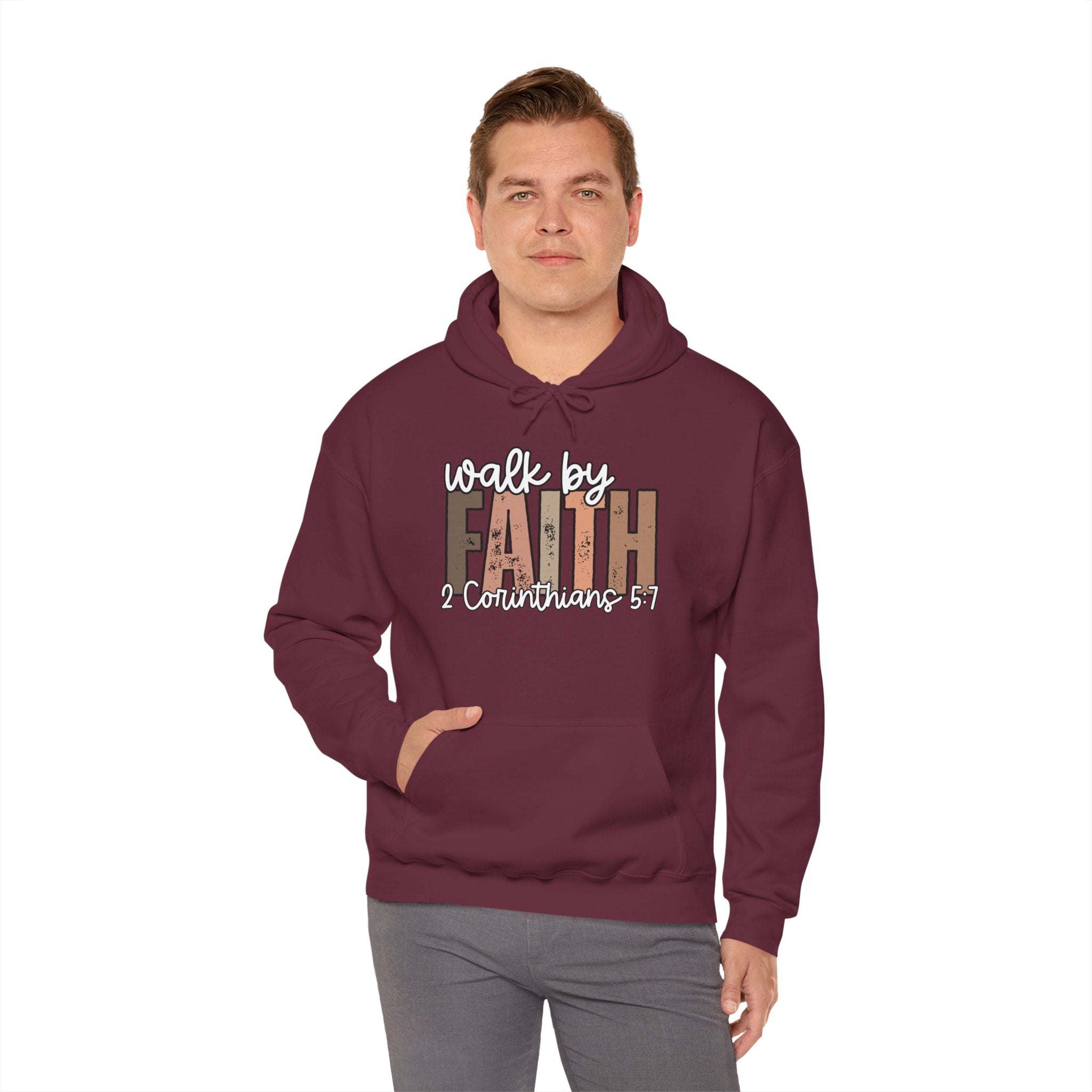 Faith Over Fear Hoodie with "Walk by Faith" inspirational Christian design, cozy and soft sweatshirt for everyday wear