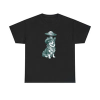 Alien Corgi Illustration Tee with UFO graphic in muted teal on soft cotton shirt
