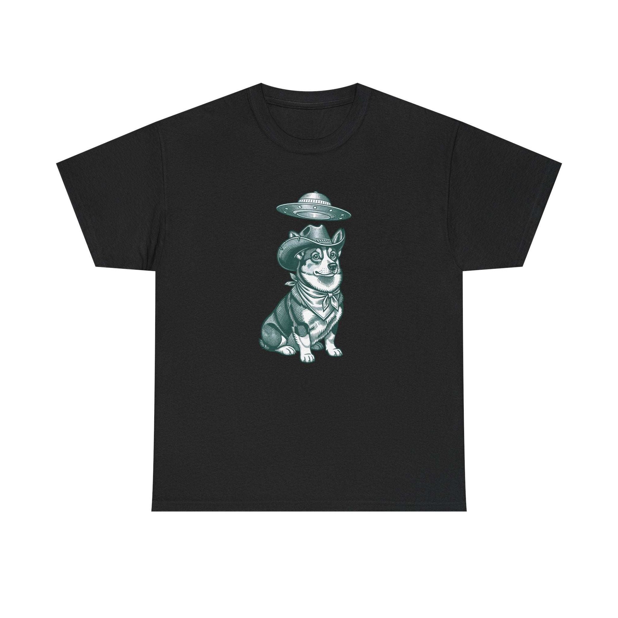 Alien Corgi Illustration Tee with UFO graphic in muted teal on soft cotton shirt