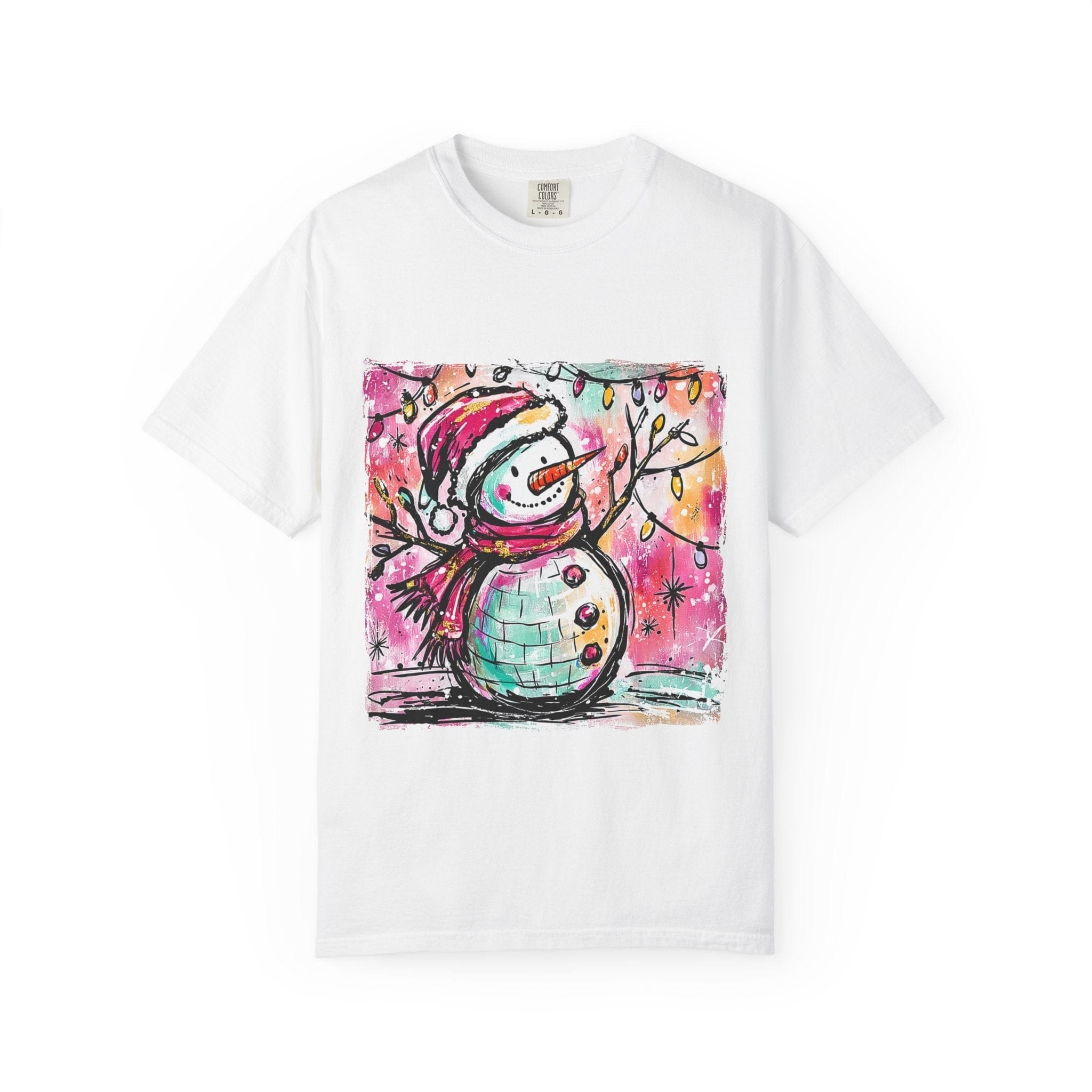 White unisex Retro Disco Ball Snowman T-shirt with colorful festive snowman graphic and holiday lights design