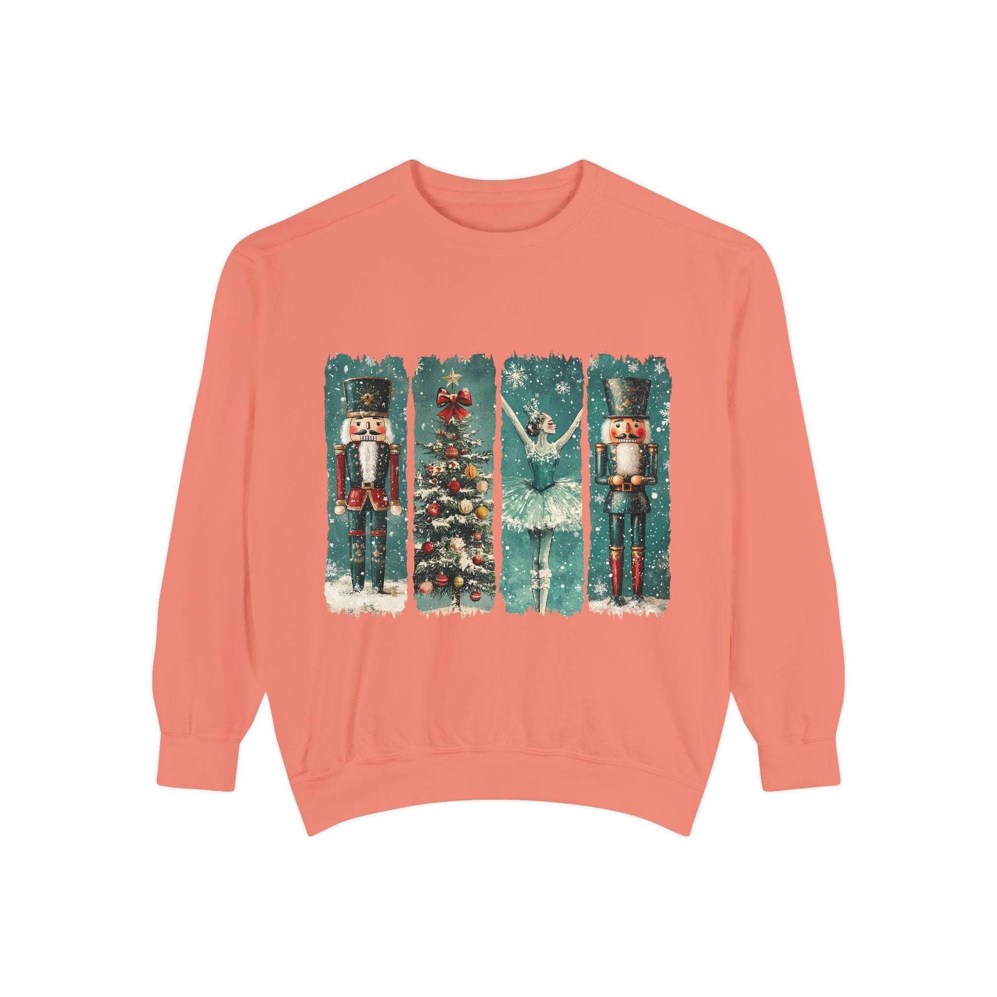 Vintage Christmas Nutcracker sweatshirt with watercolor nutcracker and holiday design on coral background