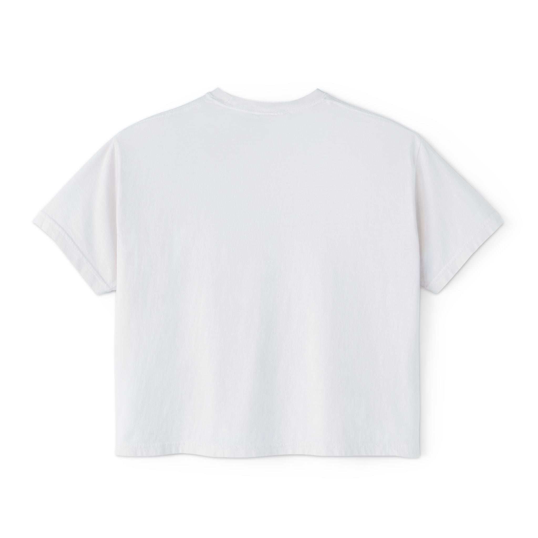 White women's boxy tee with a moody girl Highland cow design, vintage pigment dye, heavy cotton fabric, and casual fit