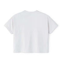 White women's boxy tee with a moody girl Highland cow design, vintage pigment dye, heavy cotton fabric, and casual fit