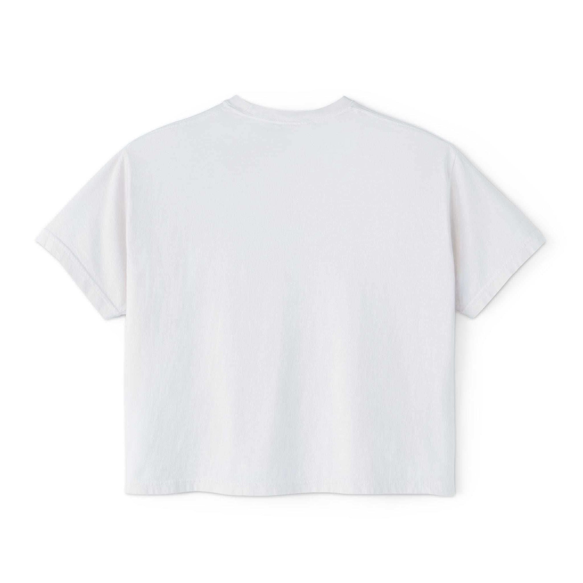 White women's boxy tee with a moody girl Highland cow design, vintage pigment dye, heavy cotton fabric, and casual fit