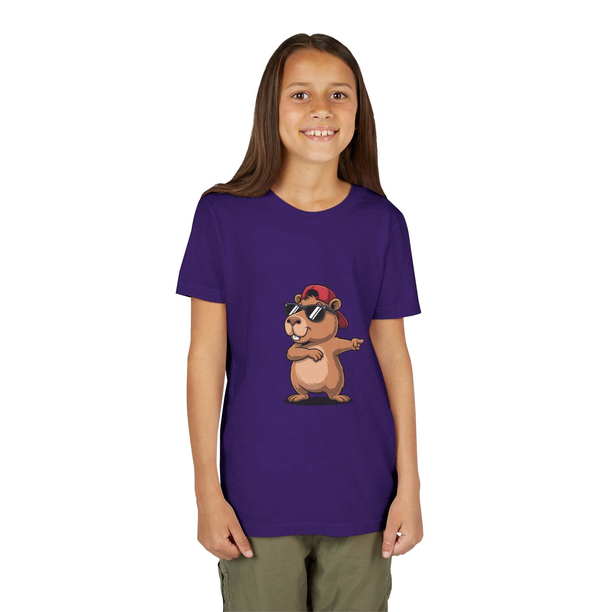 Cool capybara wearing hat and sunglasses on soft cotton youth tee