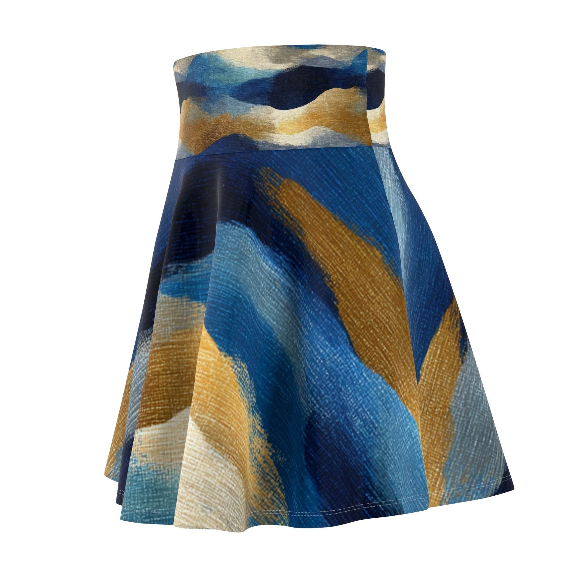 Blue gold abstract wave skater skirt with artistic brushstroke pattern and high-rise waistband