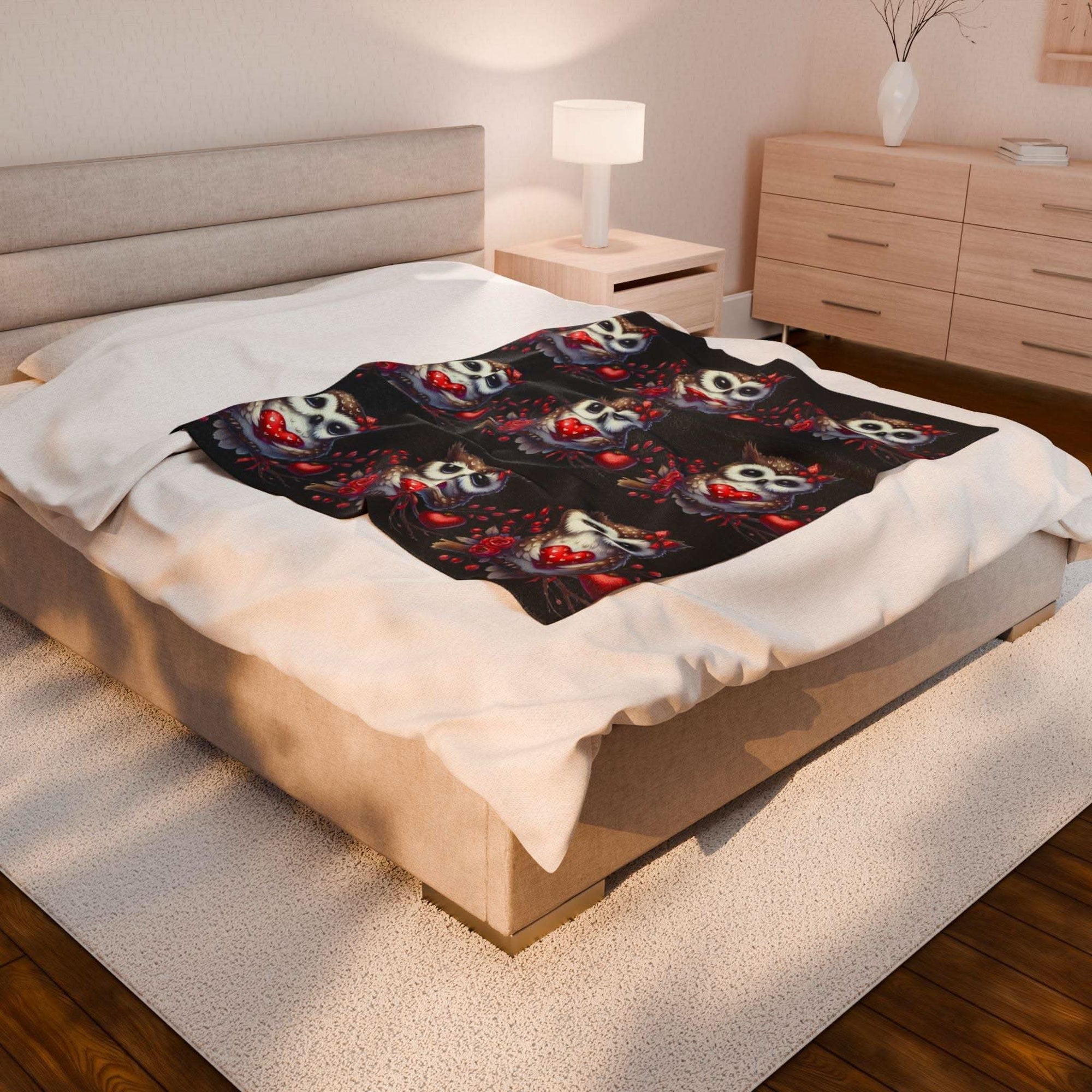 Floral Valentine Owl velveteen plush blanket with owl holding heart and floral design