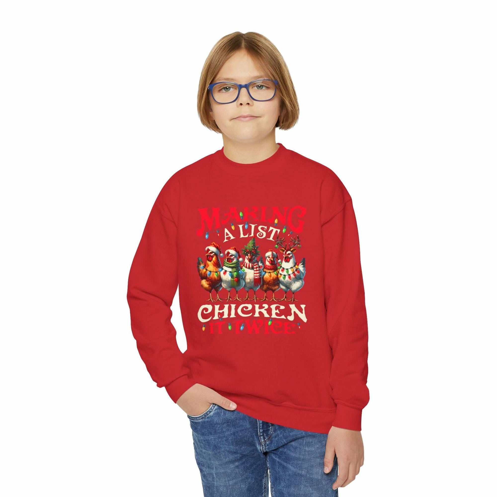 Navy youth crewneck sweatshirt featuring 'Making a List Chicken it Twice' graphic by Printify