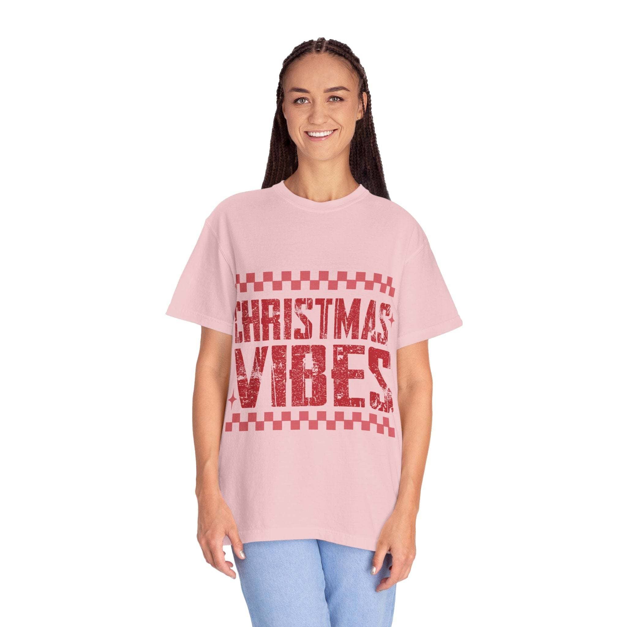 Distressed Christmas Vibes T-Shirt with vintage faded holiday graphics and soft garment-dyed fabric