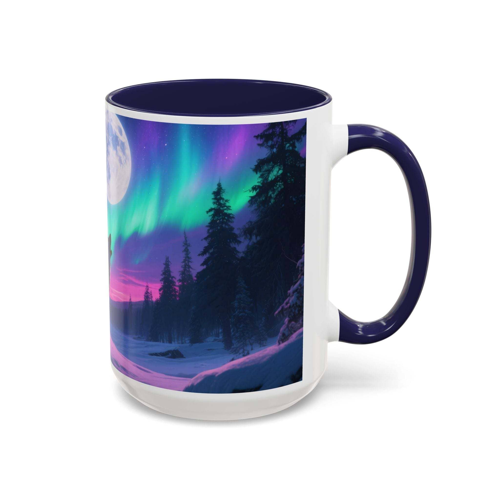 Ceramic mug with howling wolf silhouette and northern lights aurora borealis design, navy blue handle and interior, microwave and dishwasher safe