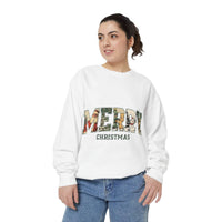 Vintage Varsity Merry Christmas sweatshirt in white with holiday print worn by woman