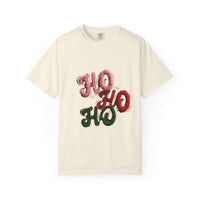 White Christmas graphic tee with faux puffy crochet 'Ho, Ho, Ho' design by Printify