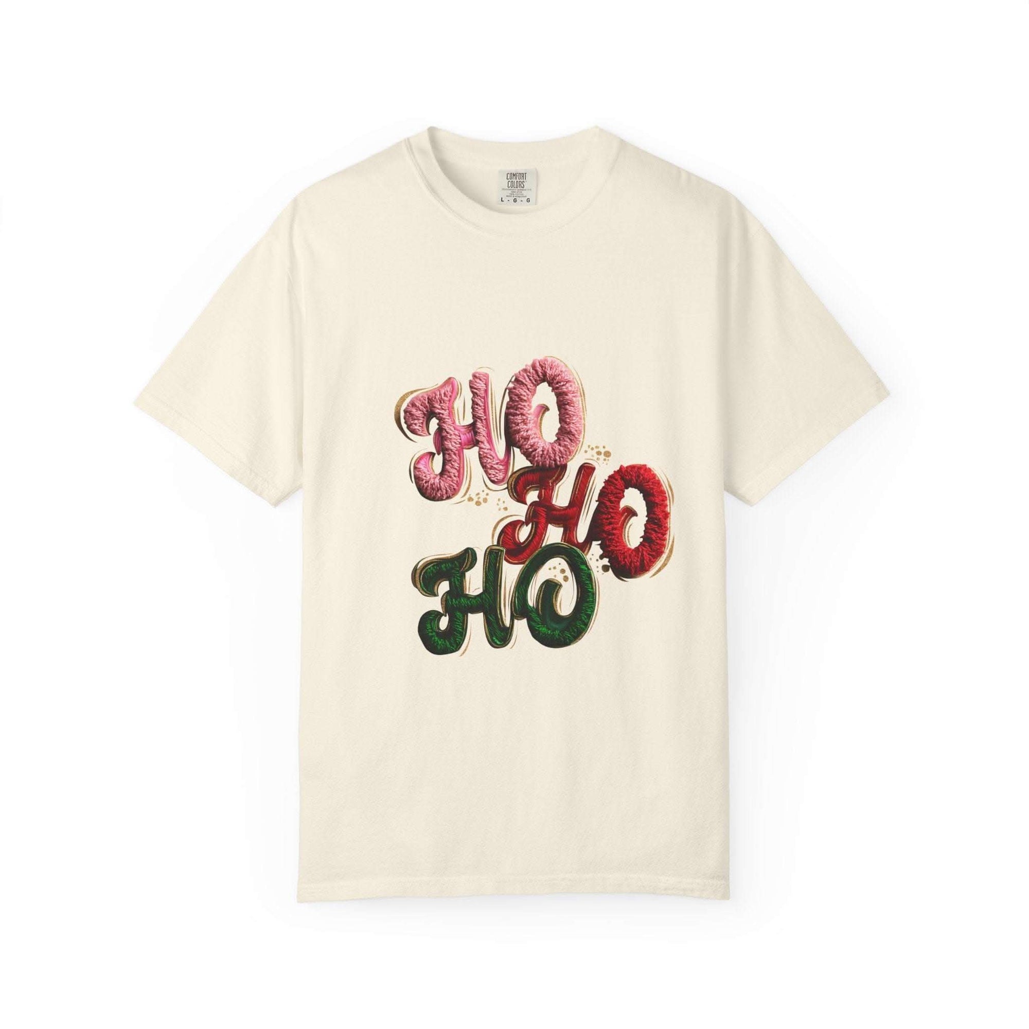 White Christmas graphic tee with faux puffy crochet 'Ho, Ho, Ho' design by Printify