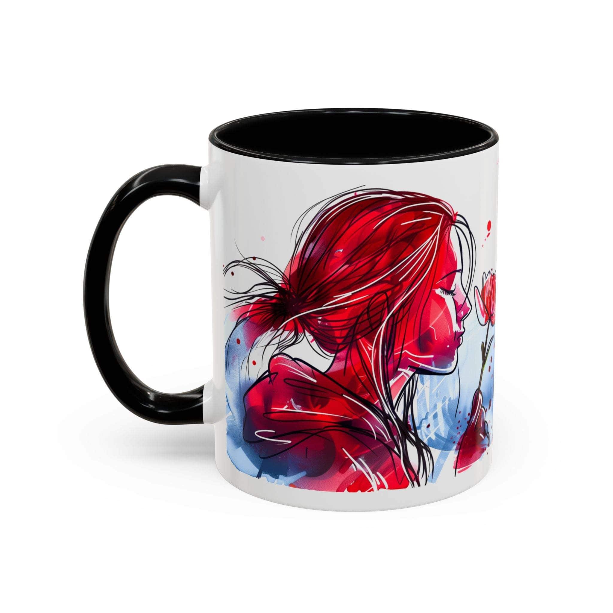 Mug with artistic design of a face with red hair on a white background