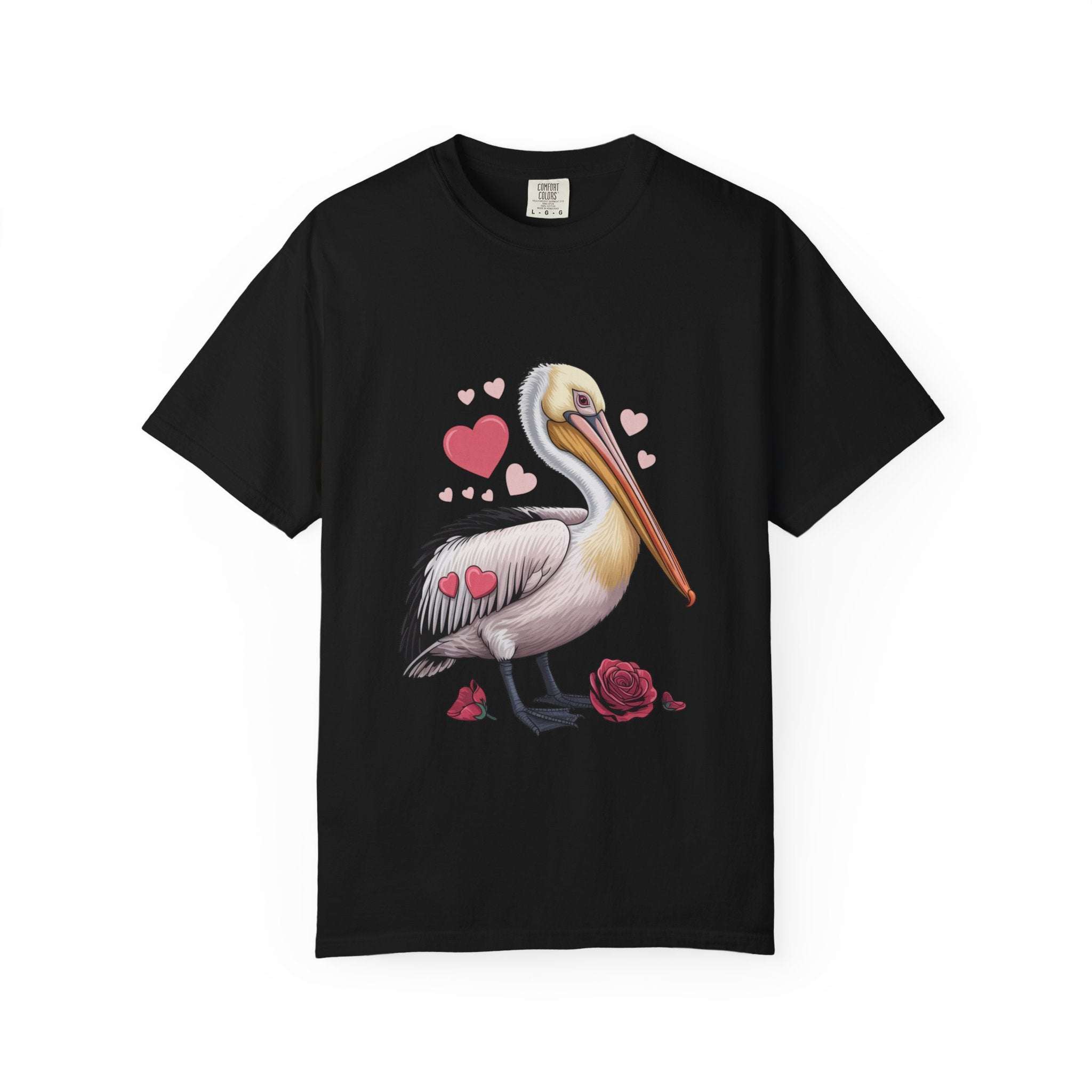 Valentine Pelican Hearts T-Shirt featuring pelican with heart on sunlit shoreline in soft garment-dyed cotton