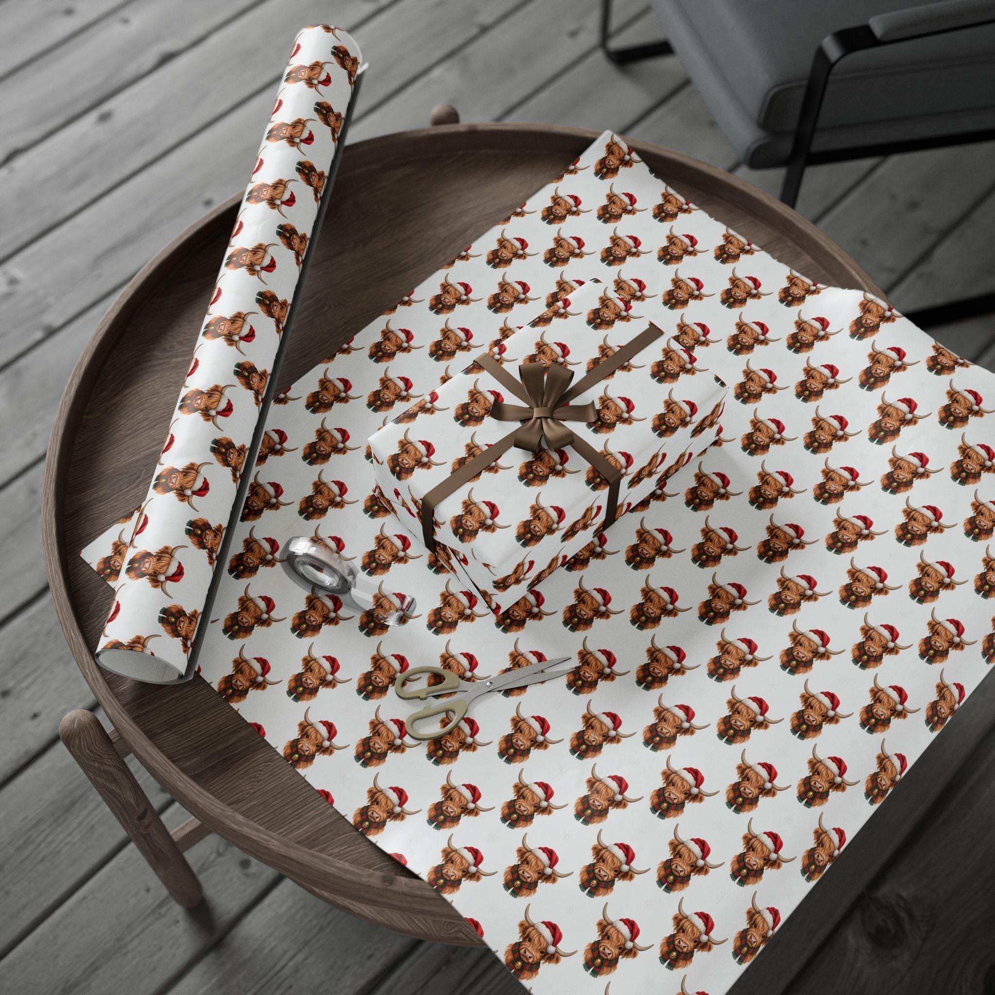 Gift wrapping papers with Santa Highland Cows design on thick, high-quality paper suitable for Christmas gifts