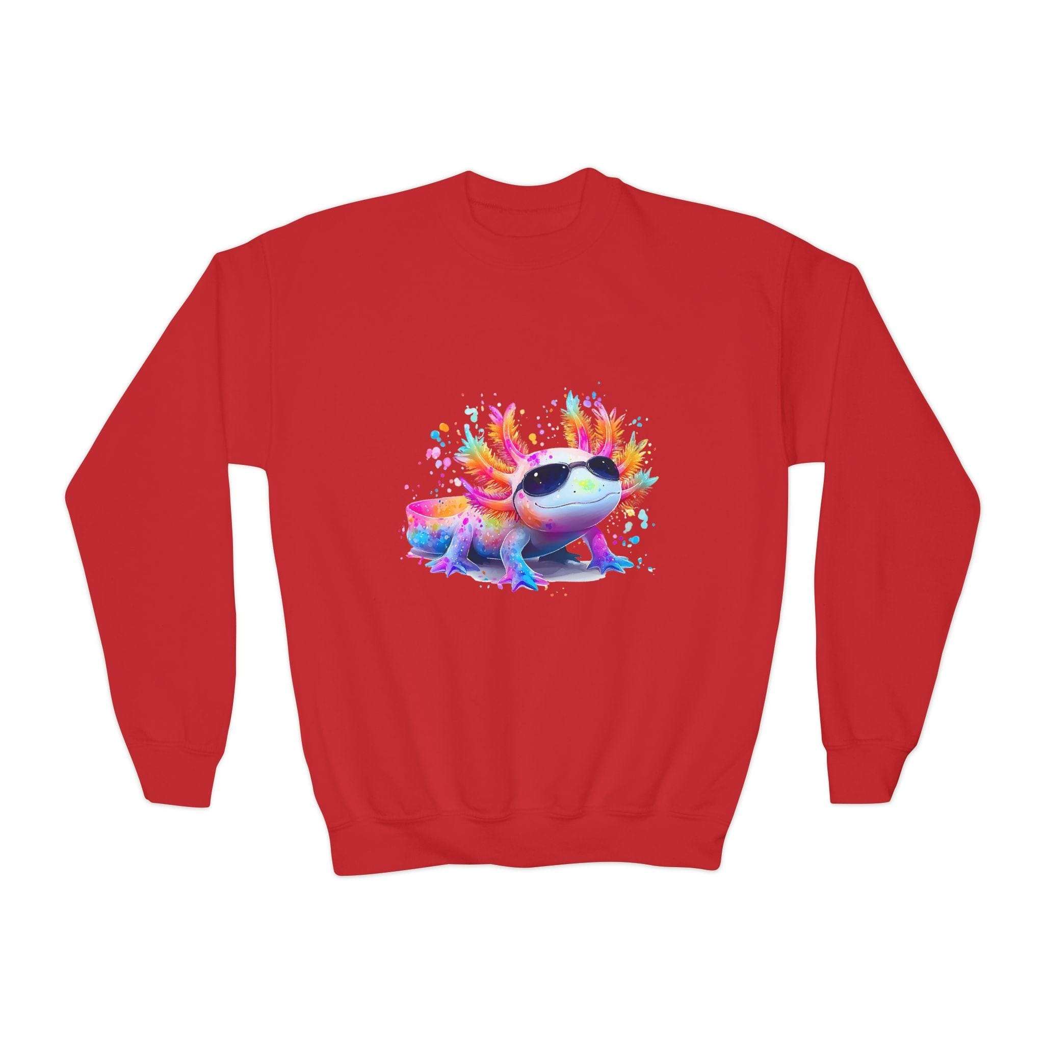 Colorful rainbow axolotl sweatshirt for kids in maroon, navy, or white by Printify