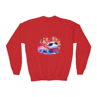 Colorful rainbow axolotl sweatshirt for kids in maroon, navy, or white by Printify