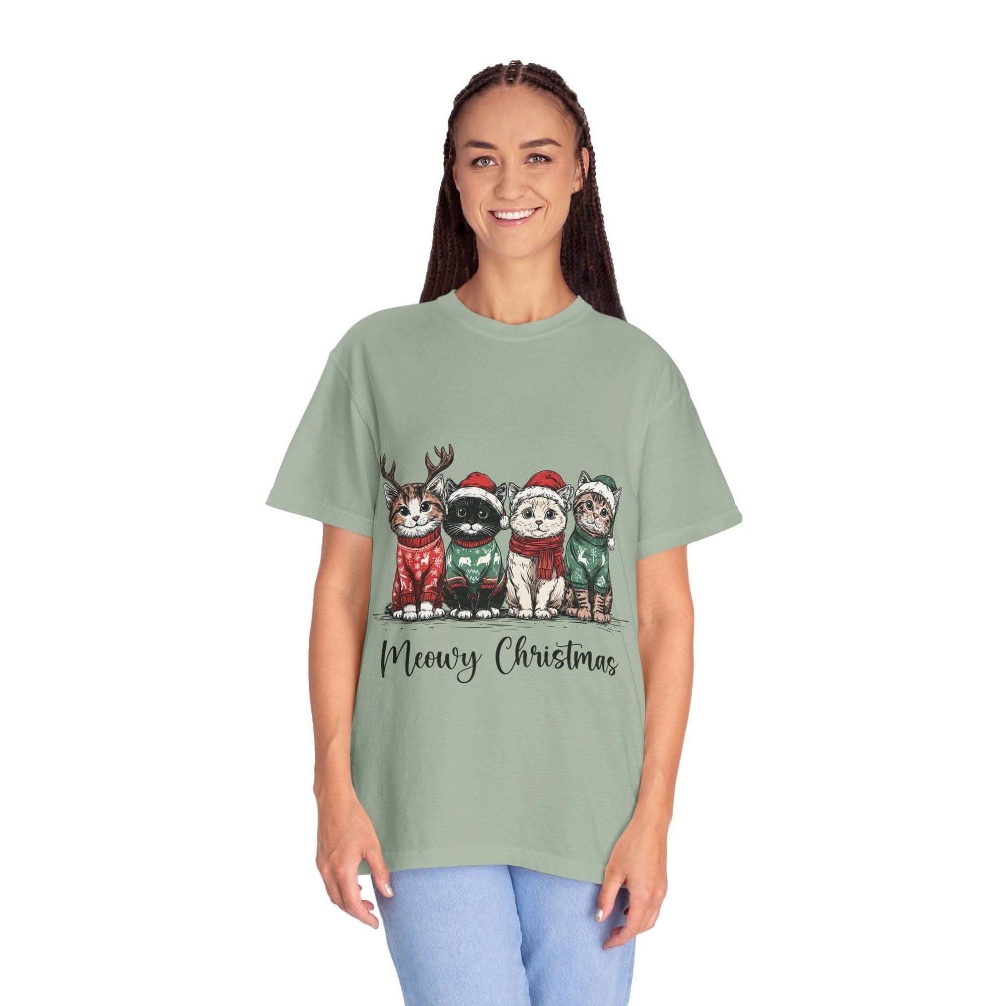 Bay Cat Lover T-shirt with Meowy Christmas design from Printify, perfect festive gift for cat enthusiasts.