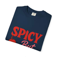 Folded navy blue unisex Spicy But Sweet T-shirt with bold red and pink text and chili graphic