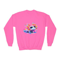 Maroon children’s sweatshirt featuring a colorful rainbow axolotl design from Printify