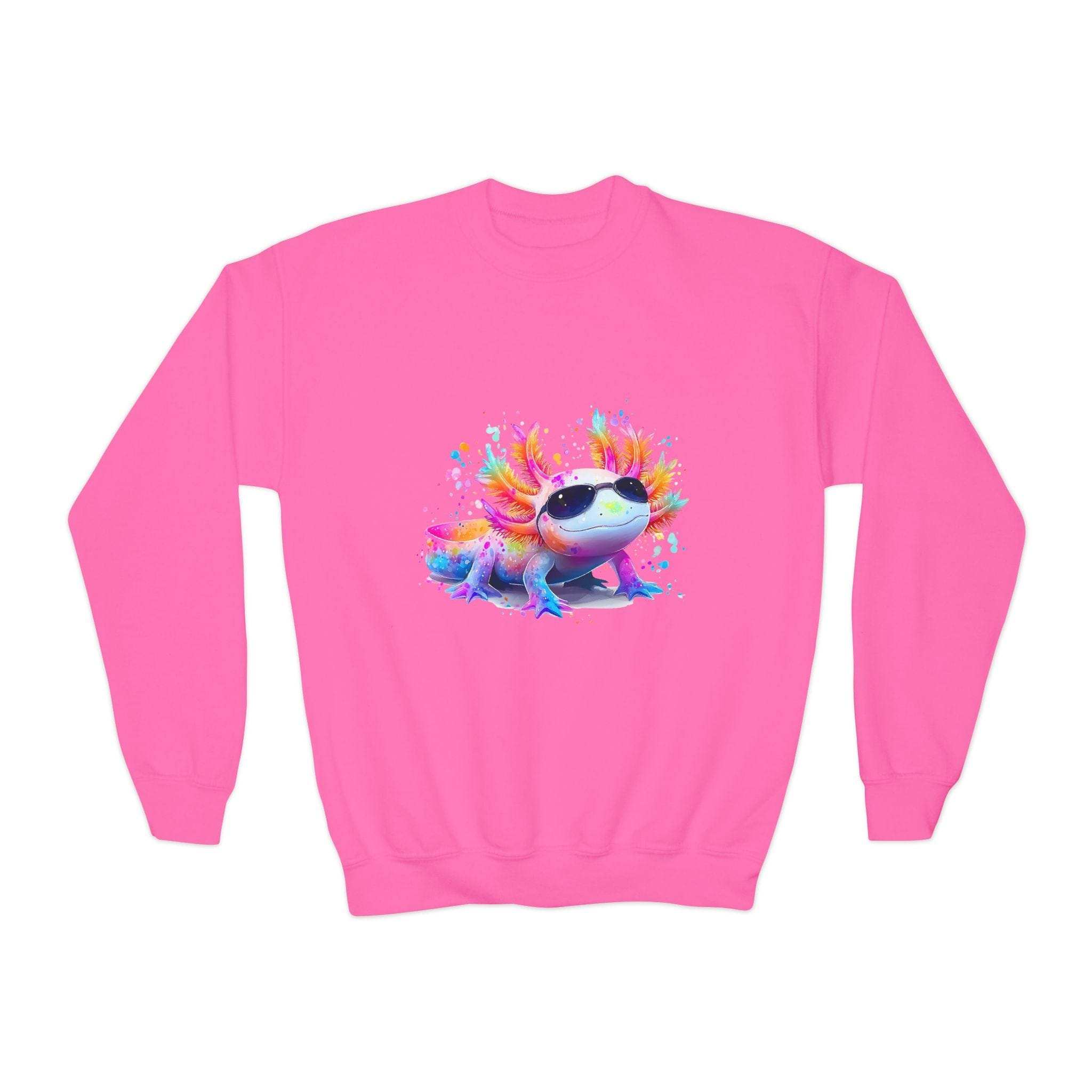 Maroon children’s sweatshirt featuring a colorful rainbow axolotl design from Printify