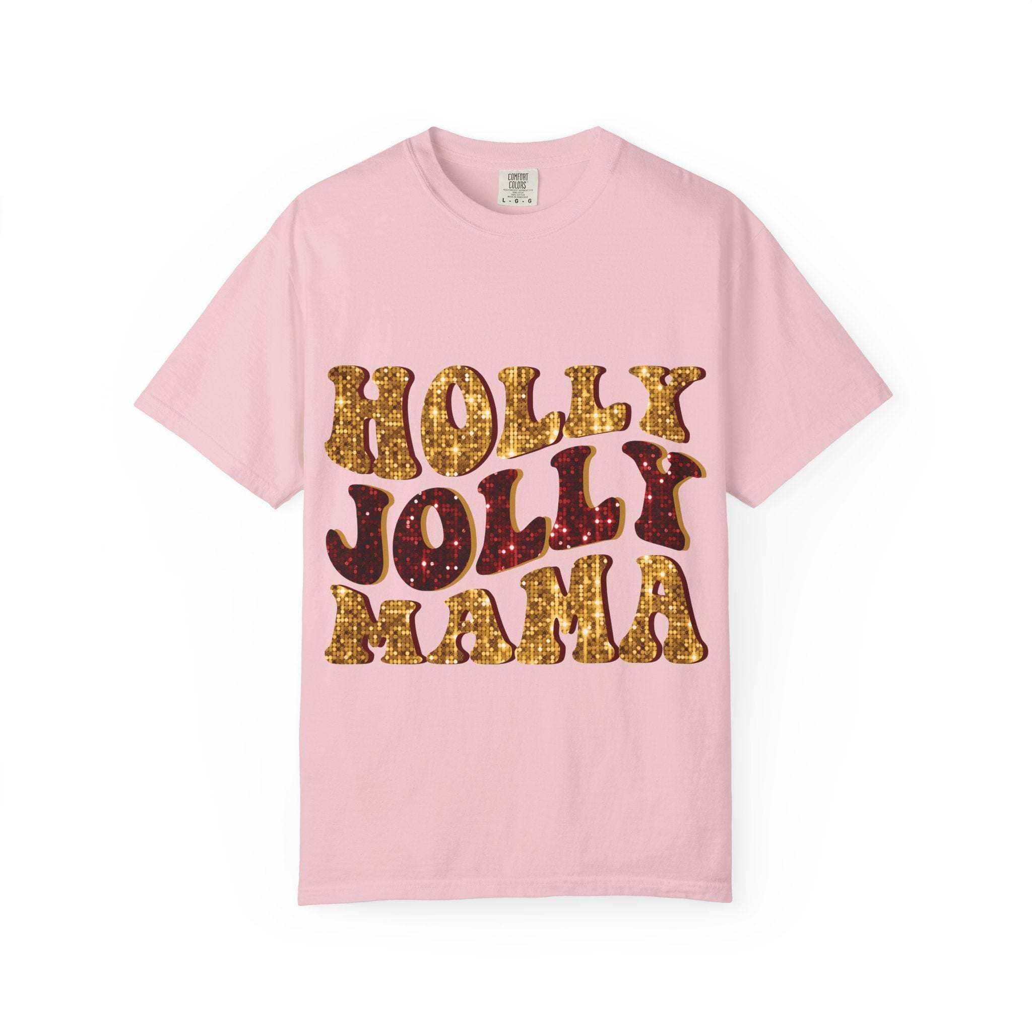 Pink Faux Glitter Holly Jolly Mama t-shirt with festive sparkle design for moms